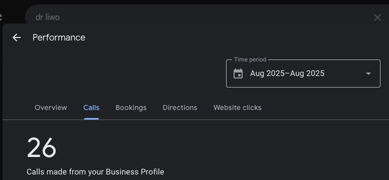 Calls made from Dr. Liwo dental clinic's Google business page 